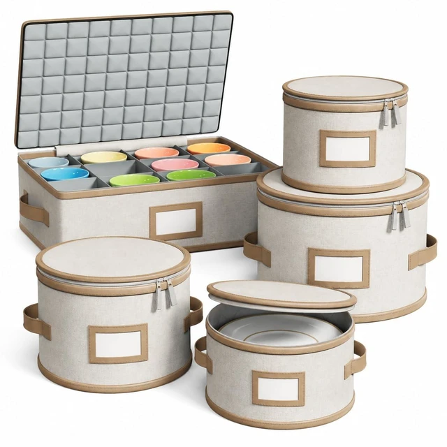 Main image of Storage Containers, Hard Shell, 5 Piece Beige with Brown Leather Trim | For glassware, mugs & porcelain Hard shell side and bottom support with padded dividers for stacking, store & easy moving