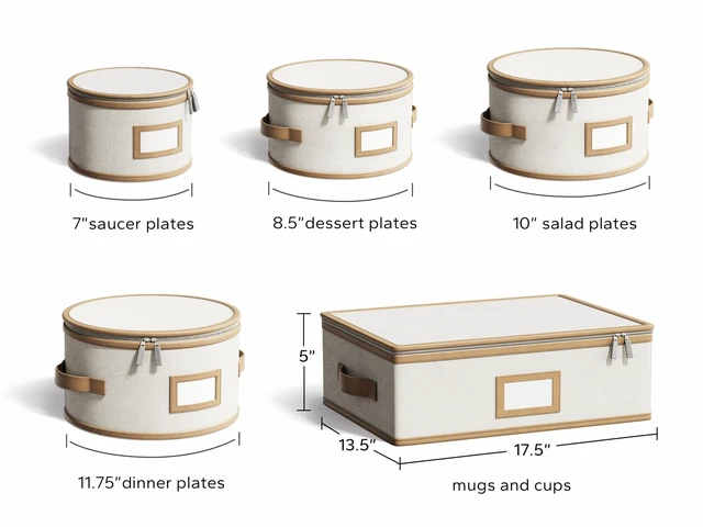 Alt view image 6 of 6 - Storage Containers, Hard Shell, 5 Piece Beige with Brown Leather Trim | For glassware, mugs & porcelain Hard shell side and bottom support with padded dividers for stacking, store & easy moving