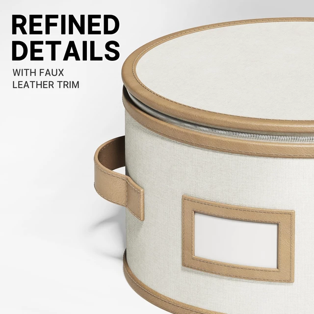 Alt view image 5 of 6 - Storage Containers, Hard Shell, 5 Piece Beige with Brown Leather Trim | For glassware, mugs & porcelain Hard shell side and bottom support with padded dividers for stacking, store & easy moving
