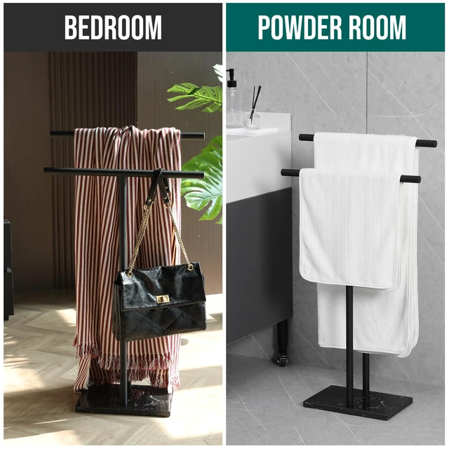Alt view image 5 of 7 - Free Standing Towel Rack - Matte Black Finish with Marble Base | Stand Alone 2 Tier Stainless Steel Towel Rack for Bathroom Floor - Heavy Marble Base, Double T Shape Drying Stand for Towels