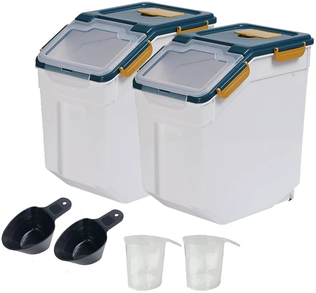 Main image of 2 Pack Large Flour Storage Container 25 lb, Airtight Food Storage Bins with Wheels & Locking Lid, BPA Free Rice Grain Organizer with Measuring Cup, Flour Bin for Kitchen Pantry (Blue)