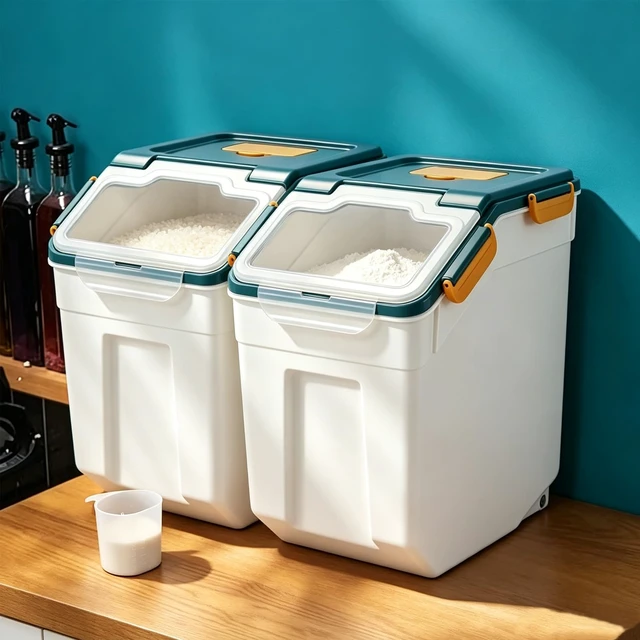 Alt view image 6 of 7 - 2 Pack Large Flour Storage Container 25 lb, Airtight Food Storage Bins with Wheels & Locking Lid, BPA Free Rice Grain Organizer with Measuring Cup, Flour Bin for Kitchen Pantry (Blue)