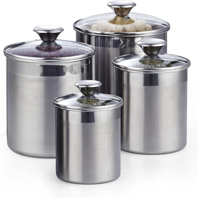 Main image of Airtight Kitchen Canister Set for Coffee, Flour & Sugar Storage Stainless Steel Food Storage Containers with Glass Lid Pantry Organization Jars, 4 Pack