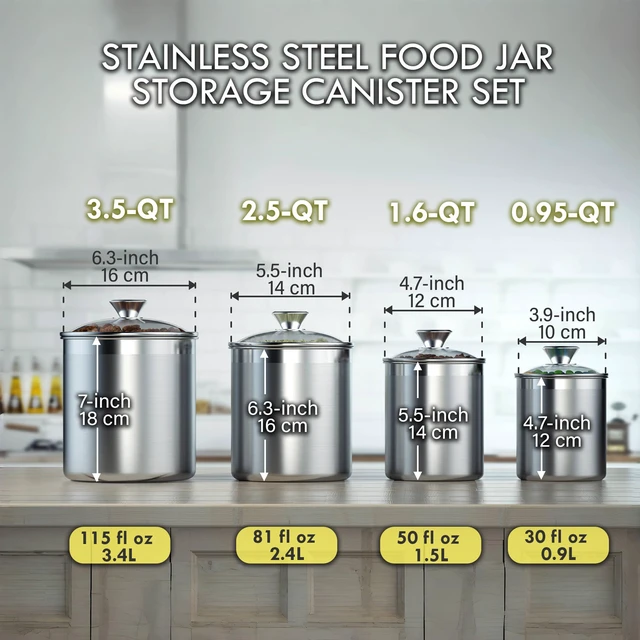 Alt view image 4 of 7 - Airtight Kitchen Canister Set for Coffee, Flour & Sugar Storage Stainless Steel Food Storage Containers with Glass Lid Pantry Organization Jars, 4 Pack