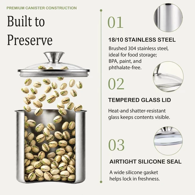 Alt view image 6 of 7 - Airtight Kitchen Canister Set for Coffee, Flour & Sugar Storage Stainless Steel Food Storage Containers with Glass Lid Pantry Organization Jars, 4 Pack