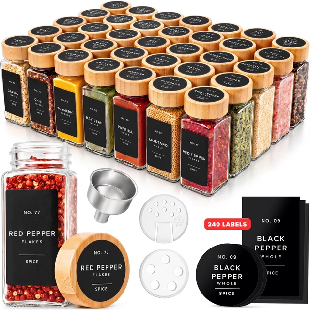 Main image of Glass Spice Jars with Label, 36x Bamboo Wooden Lids - Black Labels | Airtight Lids keep spices fresh, Kitchen Spice Drawer Organizer, 4oz Seasoning Containers incl. Funnel, Brush & 240 Labels