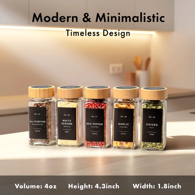 Alt view image 2 of 7 - Glass Spice Jars with Label, 36x Bamboo Wooden Lids - Black Labels | Airtight Lids keep spices fresh, Kitchen Spice Drawer Organizer, 4oz Seasoning Containers incl. Funnel, Brush & 240 Labels