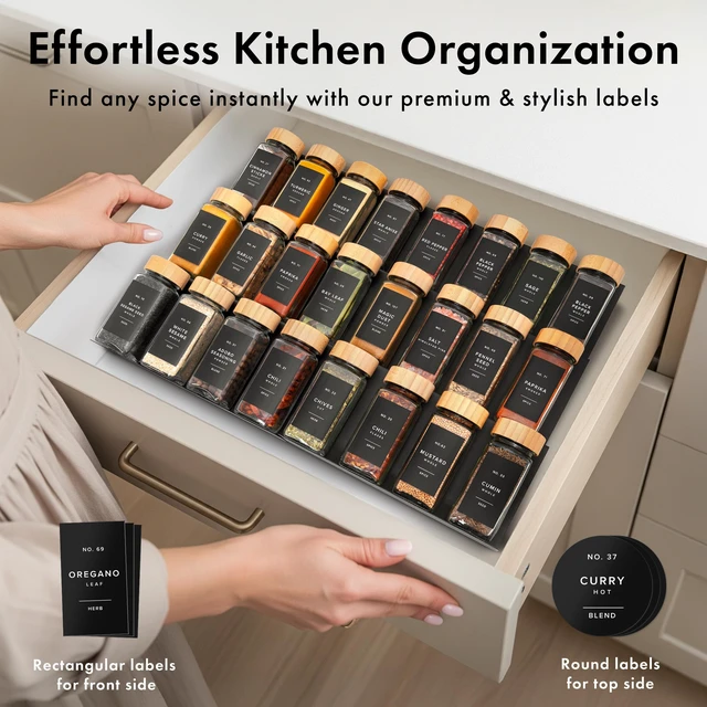 Alt view image 3 of 7 - Glass Spice Jars with Label, 36x Bamboo Wooden Lids - Black Labels | Airtight Lids keep spices fresh, Kitchen Spice Drawer Organizer, 4oz Seasoning Containers incl. Funnel, Brush & 240 Labels