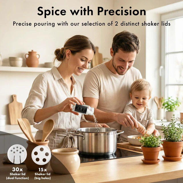 Alt view image 4 of 7 - Glass Spice Jars with Label, 36x Bamboo Wooden Lids - Black Labels | Airtight Lids keep spices fresh, Kitchen Spice Drawer Organizer, 4oz Seasoning Containers incl. Funnel, Brush & 240 Labels