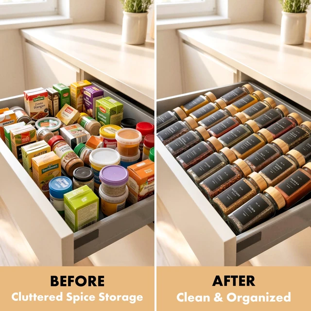 Alt view image 5 of 7 - Glass Spice Jars with Label, 36x Bamboo Wooden Lids - Black Labels | Airtight Lids keep spices fresh, Kitchen Spice Drawer Organizer, 4oz Seasoning Containers incl. Funnel, Brush & 240 Labels