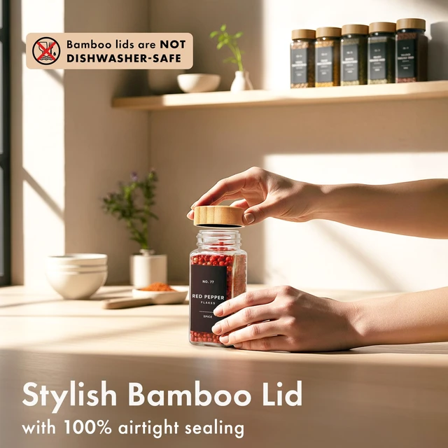 Alt view image 6 of 7 - Glass Spice Jars with Label, 36x Bamboo Wooden Lids - Black Labels | Airtight Lids keep spices fresh, Kitchen Spice Drawer Organizer, 4oz Seasoning Containers incl. Funnel, Brush & 240 Labels