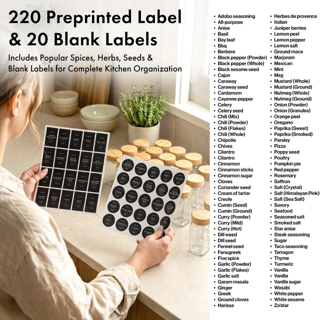 Alt view image 7 of 7 - Glass Spice Jars with Label, 36x Bamboo Wooden Lids - Black Labels | Airtight Lids keep spices fresh, Kitchen Spice Drawer Organizer, 4oz Seasoning Containers incl. Funnel, Brush & 240 Labels