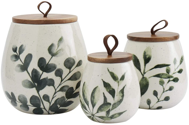 Main image of Tabletops Gallery Ceramic Canister Collection- Stoneware Designed Kitchen Storage Acacia Wood White Set, 3 Piece Green Leaf Canister Set