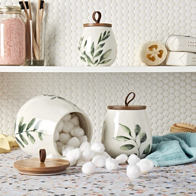 Alt view image 2 of 6 - Tabletops Gallery Ceramic Canister Collection- Stoneware Designed Kitchen Storage Acacia Wood White Set, 3 Piece Green Leaf Canister Set