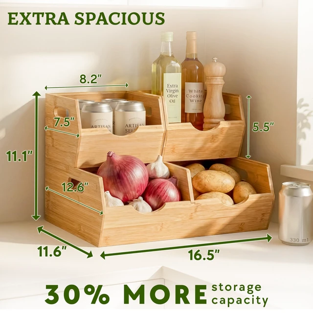 Alt view image 2 of 7 - Extra Large Bamboo Pantry Storage Bins 30% Larger, Stackable Potato Onion Storage Bin, Pantry Organizers and Storage, Produce Vegetable Organizer, Set of 3