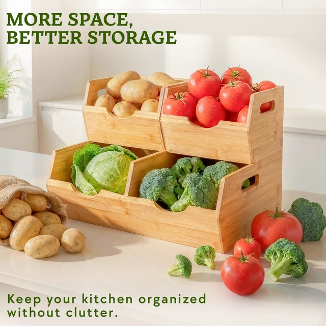Alt view image 3 of 7 - Extra Large Bamboo Pantry Storage Bins 30% Larger, Stackable Potato Onion Storage Bin, Pantry Organizers and Storage, Produce Vegetable Organizer, Set of 3