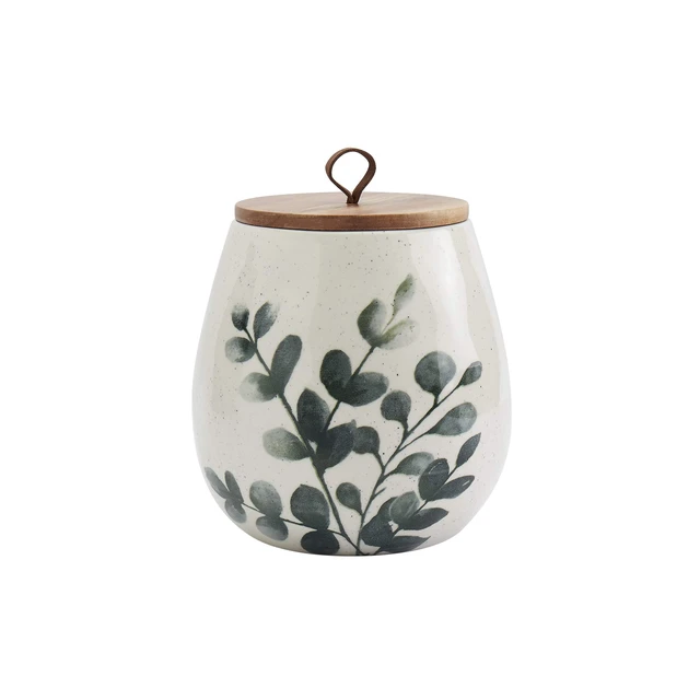 Alt view image 4 of 6 - Tabletops Gallery Ceramic Canister Collection- Stoneware Designed Kitchen Storage Acacia Wood White Set, 3 Piece Green Leaf Canister Set