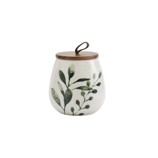 Alt view image 5 of 6 - Tabletops Gallery Ceramic Canister Collection- Stoneware Designed Kitchen Storage Acacia Wood White Set, 3 Piece Green Leaf Canister Set