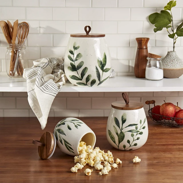 Alt view image 3 of 6 - Tabletops Gallery Ceramic Canister Collection- Stoneware Designed Kitchen Storage Acacia Wood White Set, 3 Piece Green Leaf Canister Set