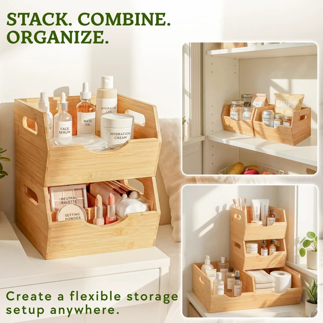 Alt view image 4 of 7 - Extra Large Bamboo Pantry Storage Bins 30% Larger, Stackable Potato Onion Storage Bin, Pantry Organizers and Storage, Produce Vegetable Organizer, Set of 3