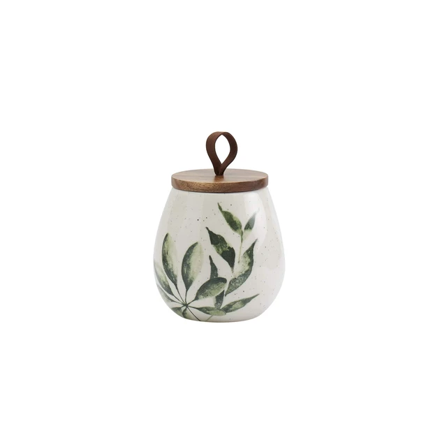 Alt view image 6 of 6 - Tabletops Gallery Ceramic Canister Collection- Stoneware Designed Kitchen Storage Acacia Wood White Set, 3 Piece Green Leaf Canister Set