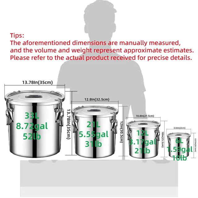 Alt view image 6 of 7 - 304 stainless steel food storage containers with lids lock clips airtight container large airtight for rice flour sugar grain coffee bean storage containers Kitchen jar (3.17gal/12L)