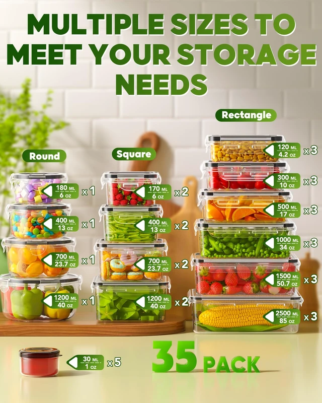 Alt view image 2 of 7 - 70 PCS Food Storage Containers with Lids(35 Containers & 35 Lids), BPA-Free Plastic Food Containers for Kitchen Storage, Leak Proof, Reusable Meal Prep Containers with Labels & Pen