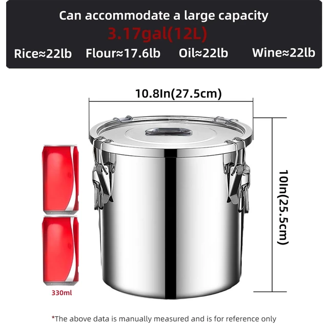 Alt view image 5 of 7 - 304 stainless steel food storage containers with lids lock clips airtight container large airtight for rice flour sugar grain coffee bean storage containers Kitchen jar (3.17gal/12L)