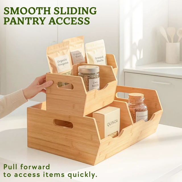 Alt view image 5 of 7 - Extra Large Bamboo Pantry Storage Bins 30% Larger, Stackable Potato Onion Storage Bin, Pantry Organizers and Storage, Produce Vegetable Organizer, Set of 3