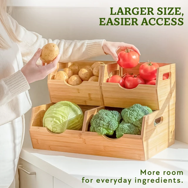 Alt view image 7 of 7 - Extra Large Bamboo Pantry Storage Bins 30% Larger, Stackable Potato Onion Storage Bin, Pantry Organizers and Storage, Produce Vegetable Organizer, Set of 3