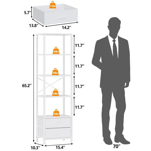 Alt view image 2 of 7 - 5-Tier Corner Shelf,Tall Narrow Bookshelf with Drawers,White | 65.16" H Bookcase with Fabric Bins and Metal Frame,Wood Display Shelves for Bedroom,Living Room,Home Office,Easy to Assemble