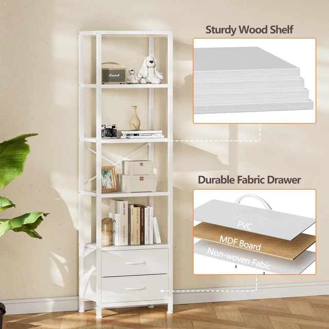 Alt view image 5 of 7 - 5-Tier Corner Shelf,Tall Narrow Bookshelf with Drawers,White | 65.16" H Bookcase with Fabric Bins and Metal Frame,Wood Display Shelves for Bedroom,Living Room,Home Office,Easy to Assemble