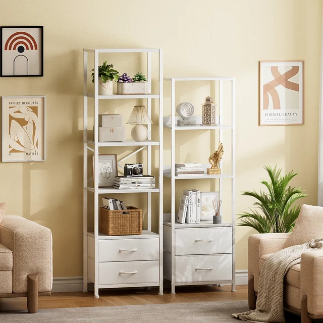 Alt view image 7 of 7 - 5-Tier Corner Shelf,Tall Narrow Bookshelf with Drawers,White | 65.16" H Bookcase with Fabric Bins and Metal Frame,Wood Display Shelves for Bedroom,Living Room,Home Office,Easy to Assemble