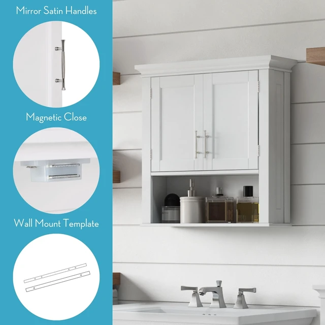 Alt view image 2 of 7 - Somerset Two-Door Bathroom Wall Mount Medicine Cabinet, White | Open Display Shelf, Adjustable Interior Shelf, Two-Tone Handles, Space-Saving, Laundry Storage
