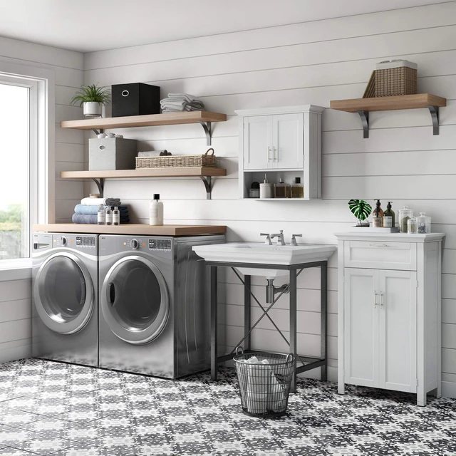 Alt view image 6 of 7 - Somerset Two-Door Bathroom Wall Mount Medicine Cabinet, White | Open Display Shelf, Adjustable Interior Shelf, Two-Tone Handles, Space-Saving, Laundry Storage