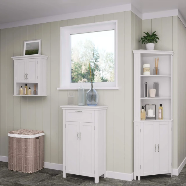 Alt view image 7 of 7 - Somerset Two-Door Bathroom Wall Mount Medicine Cabinet, White | Open Display Shelf, Adjustable Interior Shelf, Two-Tone Handles, Space-Saving, Laundry Storage