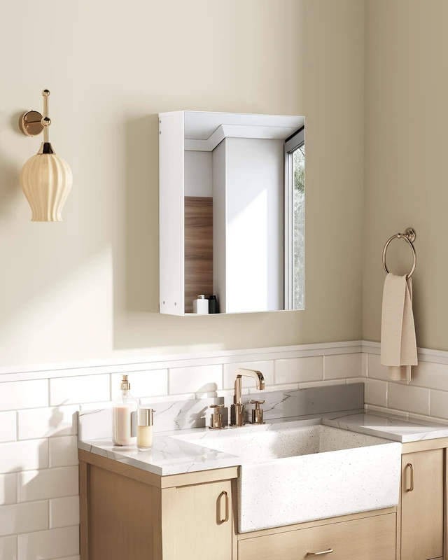 Alt view image 3 of 7 - Bathroom Medicine Mirror Cabinet, 17.7'' x 23.6'', Wall-Mounted Bathroom Vanity with Mirror, Bathroom Medicine Cabinet with Storage Function, Hanging Storage Cabinet, Adjustable Shelves, White