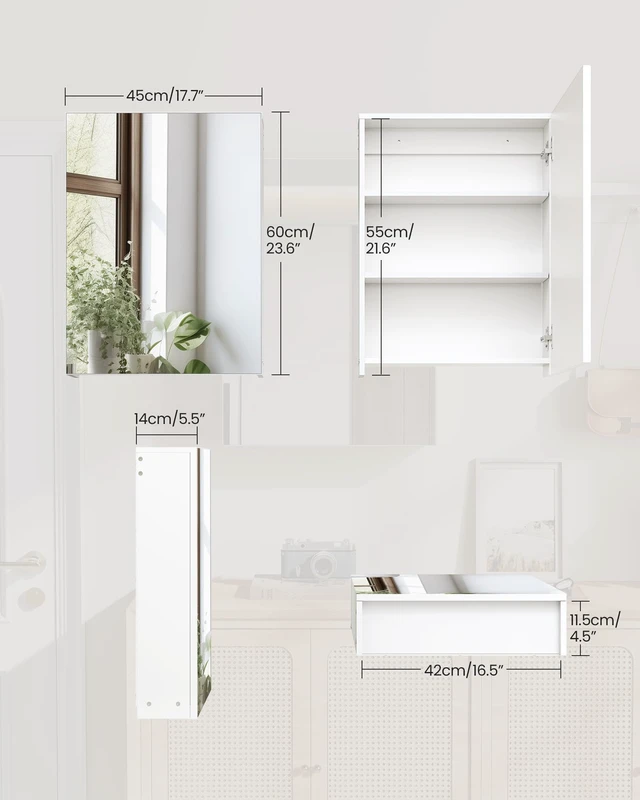 Alt view image 2 of 7 - Bathroom Medicine Mirror Cabinet, 17.7'' x 23.6'', Wall-Mounted Bathroom Vanity with Mirror, Bathroom Medicine Cabinet with Storage Function, Hanging Storage Cabinet, Adjustable Shelves, White