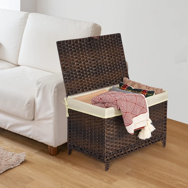 Alt view image 5 of 7 - Wicker Storage Basket with Lid, 160L Shelf Basket with Removable Liner Bag | Rattan-Inspired Woven Design, Elevated Feet, Storage Trunk for Wardrobe, Bedroom & Home Organization