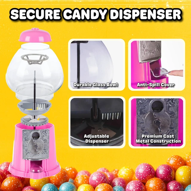 Alt view image 5 of 7 - Popcorn Mini Gumball Machine, Pink, 11" | Vintage Bubble Gum Ball or Candy Dispenser with Glass Globe, Metal Base, and Free Spin Coin Mechanism