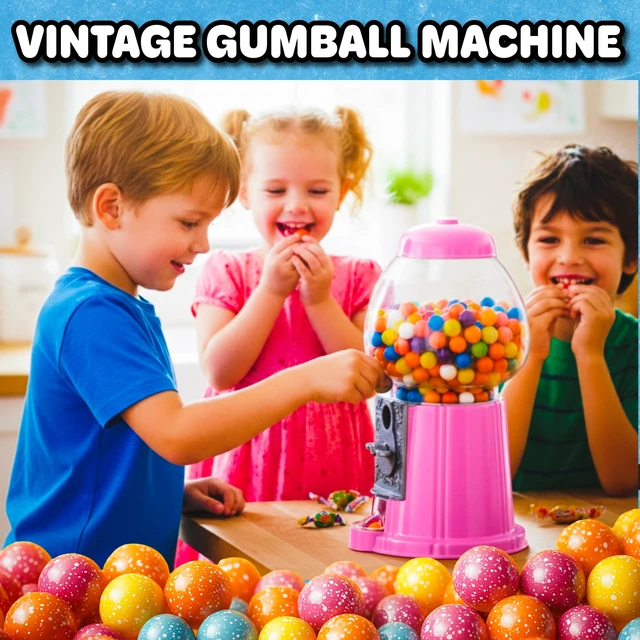 Alt view image 7 of 7 - Popcorn Mini Gumball Machine, Pink, 11" | Vintage Bubble Gum Ball or Candy Dispenser with Glass Globe, Metal Base, and Free Spin Coin Mechanism