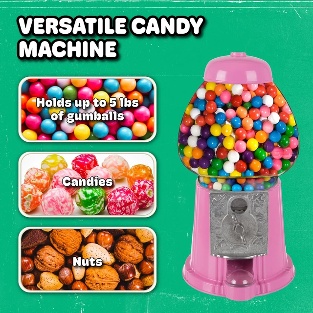 Alt view image 2 of 7 - Popcorn Mini Gumball Machine, Pink, 11" | Vintage Bubble Gum Ball or Candy Dispenser with Glass Globe, Metal Base, and Free Spin Coin Mechanism