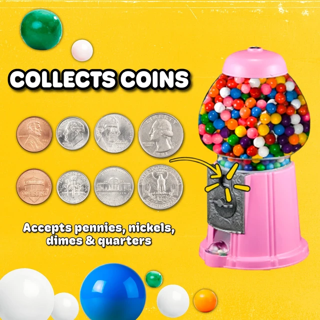 Alt view image 3 of 7 - Popcorn Mini Gumball Machine, Pink, 11" | Vintage Bubble Gum Ball or Candy Dispenser with Glass Globe, Metal Base, and Free Spin Coin Mechanism