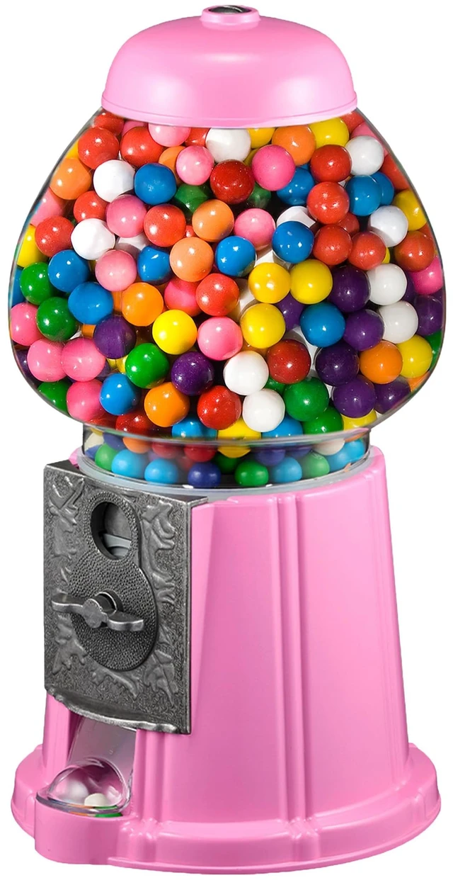 Main image of Popcorn Mini Gumball Machine, Pink, 11" | Vintage Bubble Gum Ball or Candy Dispenser with Glass Globe, Metal Base, and Free Spin Coin Mechanism
