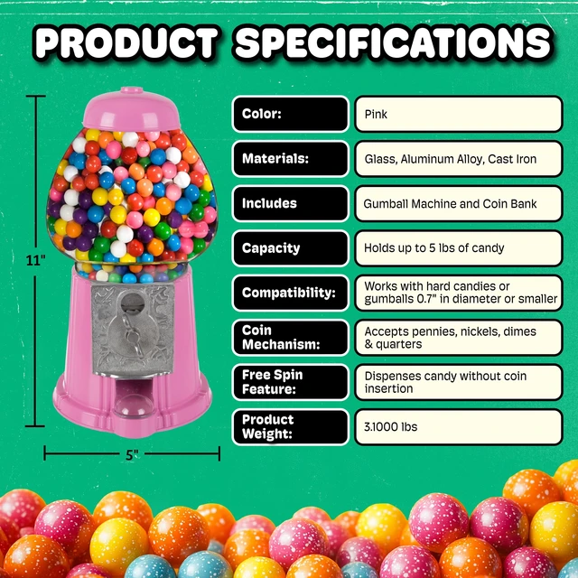 Alt view image 6 of 7 - Popcorn Mini Gumball Machine, Pink, 11" | Vintage Bubble Gum Ball or Candy Dispenser with Glass Globe, Metal Base, and Free Spin Coin Mechanism