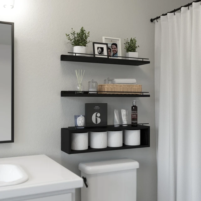 Alt view image 2 of 6 - Floating Shelves for Wall 24 inch with Cube Shelf, Wall Shelves with Metal Rail for Decor, Bathroom Organizers and Storage, Over Toilet Shelves for Bathroom, Toilet Paper-Black