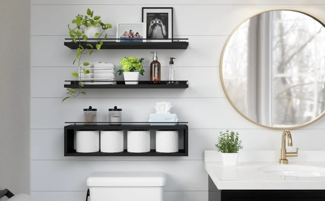 Alt view image 6 of 6 - Floating Shelves for Wall 24 inch with Cube Shelf, Wall Shelves with Metal Rail for Decor, Bathroom Organizers and Storage, Over Toilet Shelves for Bathroom, Toilet Paper-Black