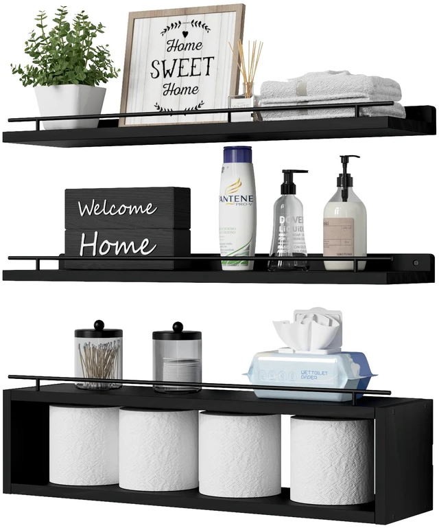 Main image of Floating Shelves for Wall 24 inch with Cube Shelf, Wall Shelves with Metal Rail for Decor, Bathroom Organizers and Storage, Over Toilet Shelves for Bathroom, Toilet Paper-Black