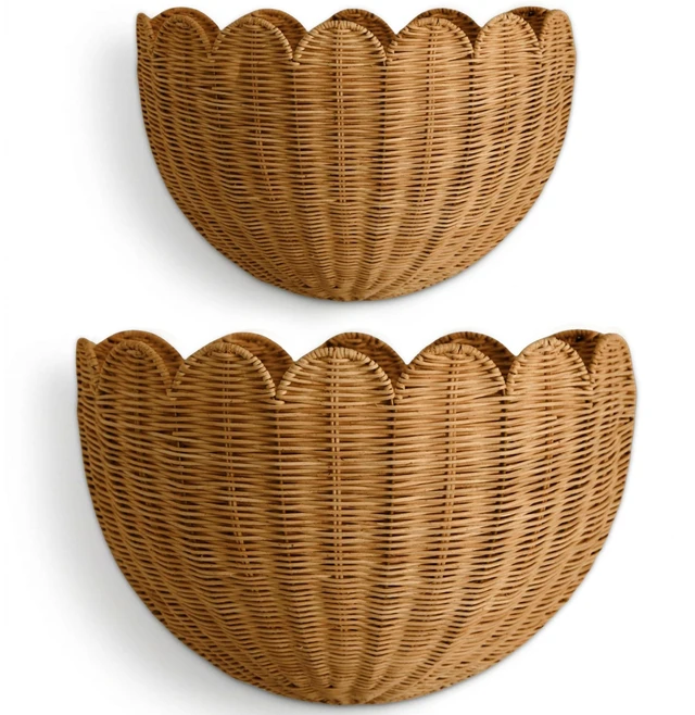 Main image of The Original Scalloped Wicker Wall Basket Set of 2 (16x10x7 In) | Handwoven Scalloped Wall Baskets, Rattan Wall Hanging Baskets, Wall Storage Basket for Nursery, Living Room, Mocca