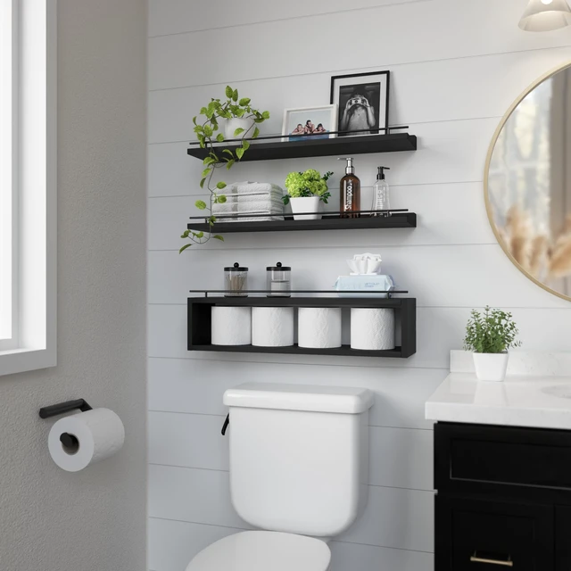 Alt view image 3 of 6 - Floating Shelves for Wall 24 inch with Cube Shelf, Wall Shelves with Metal Rail for Decor, Bathroom Organizers and Storage, Over Toilet Shelves for Bathroom, Toilet Paper-Black